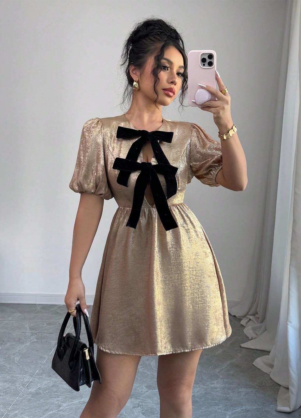 Золотий коктейльна, повсякденний сукня в стилі армпір SHEIN однотонна