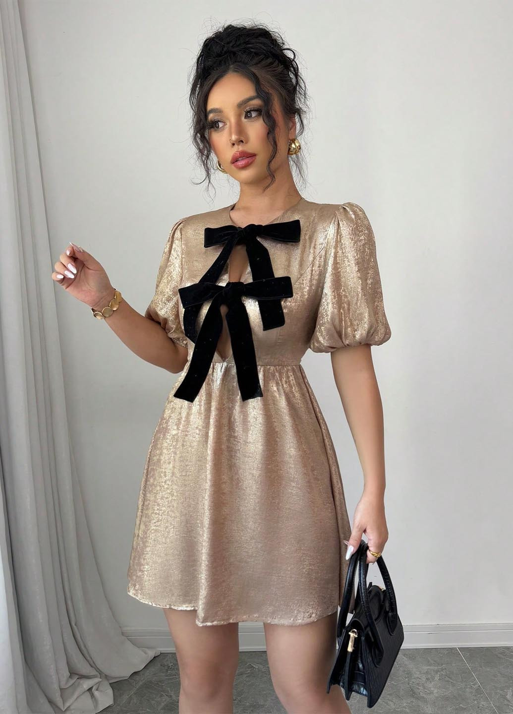 Золотий коктейльна, повсякденний сукня в стилі армпір SHEIN однотонна