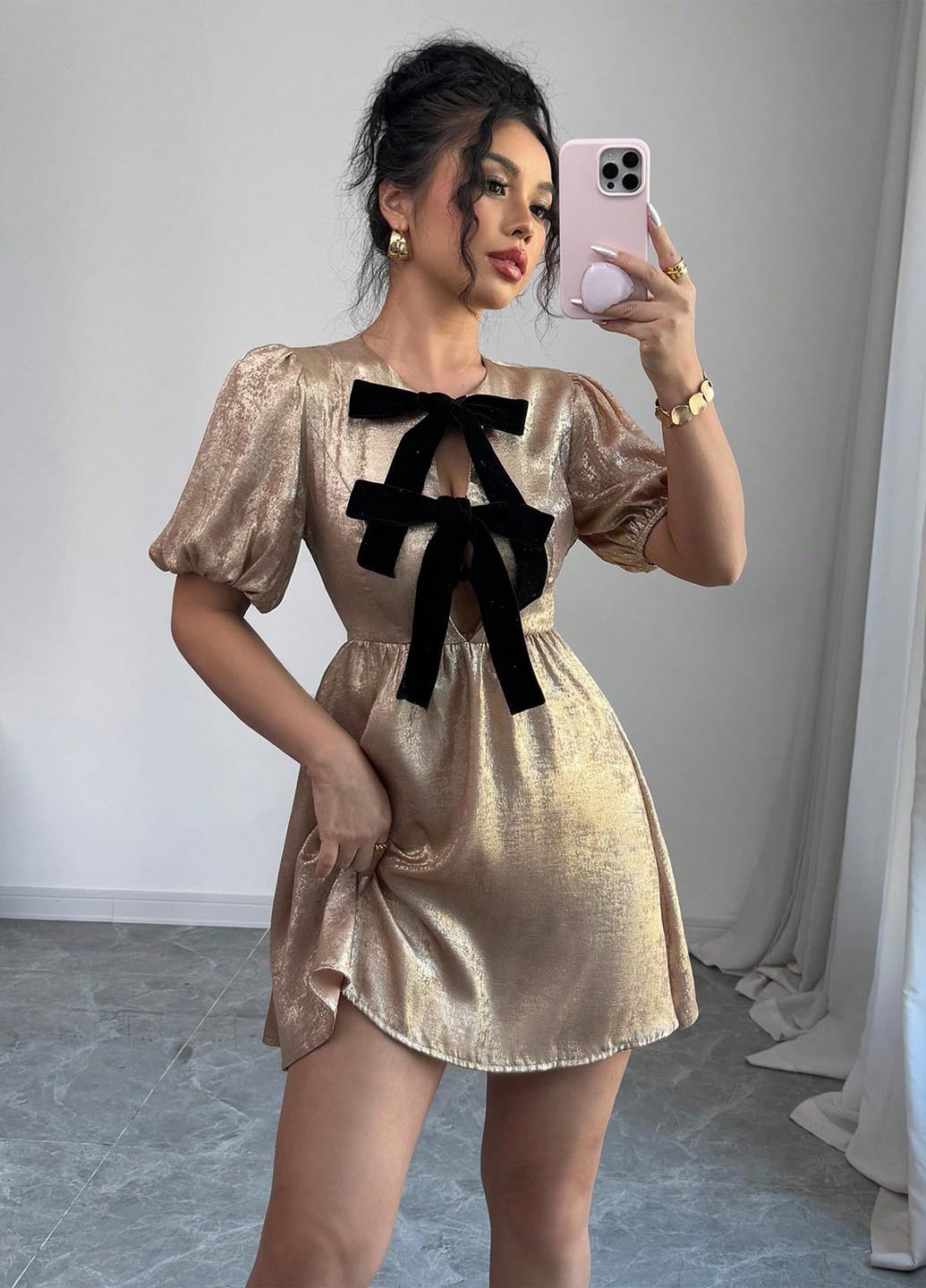 Золотий коктейльна, повсякденний сукня в стилі армпір SHEIN однотонна
