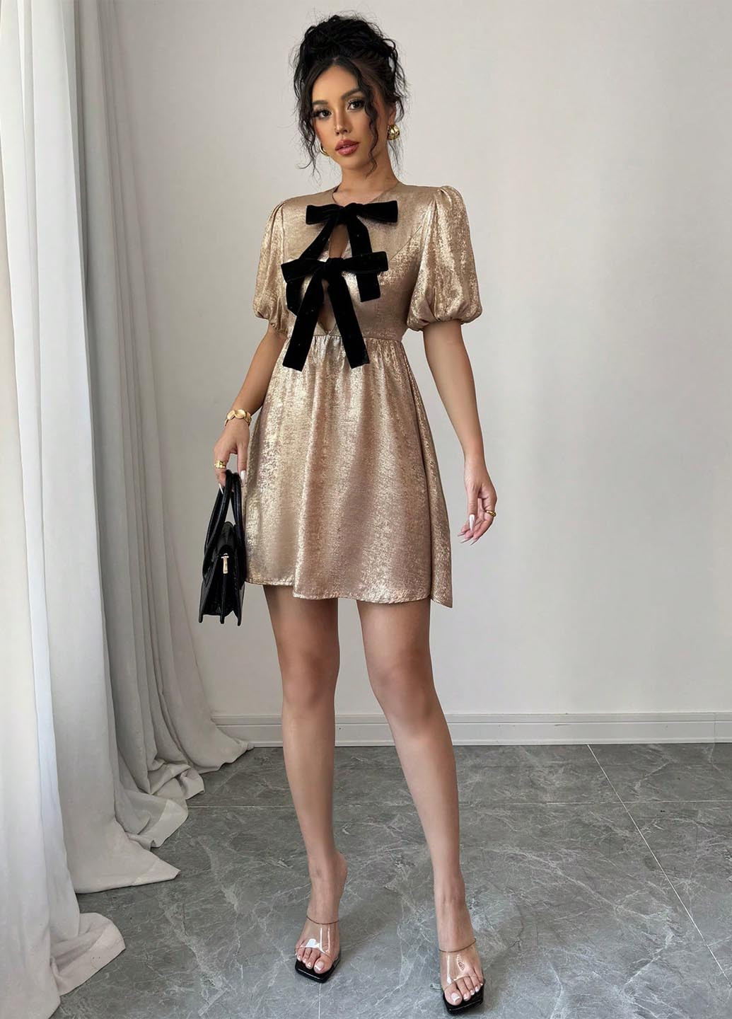 Золотий коктейльна, повсякденний сукня в стилі армпір SHEIN однотонна