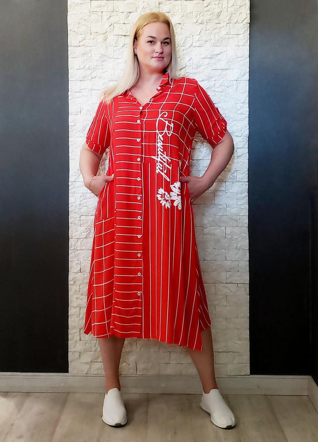 Червона кежуал сукня а-силует, сорочка Natalia Fashion в смужку
