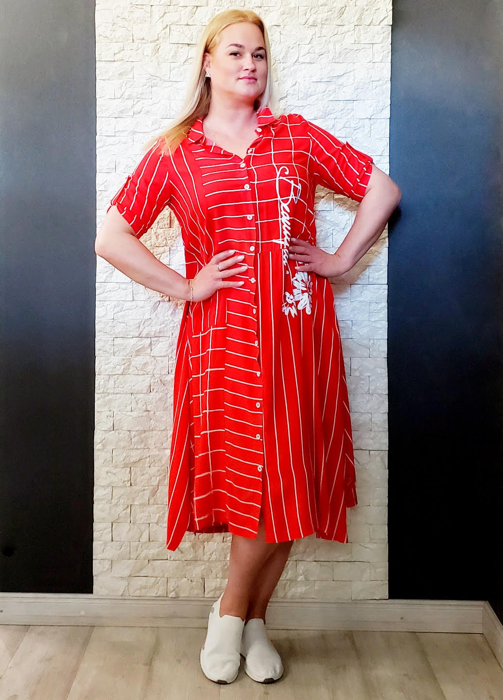 Красное кэжуал платье а-силуэт, рубашка Natalia Fashion в полоску