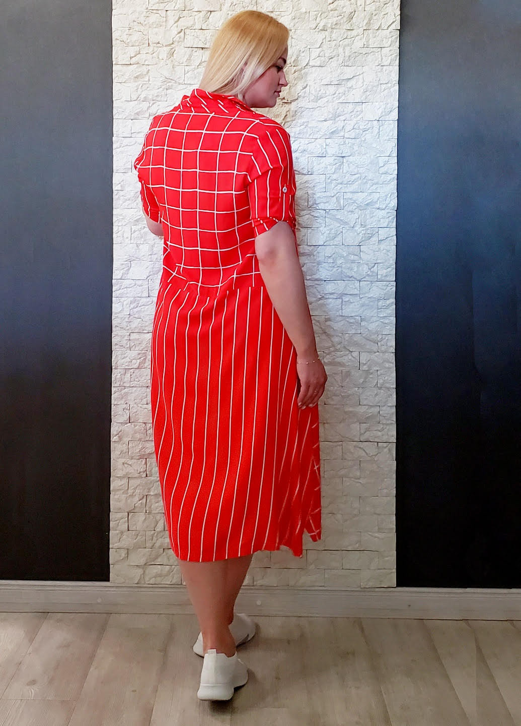 Красное кэжуал платье а-силуэт, рубашка Natalia Fashion в полоску