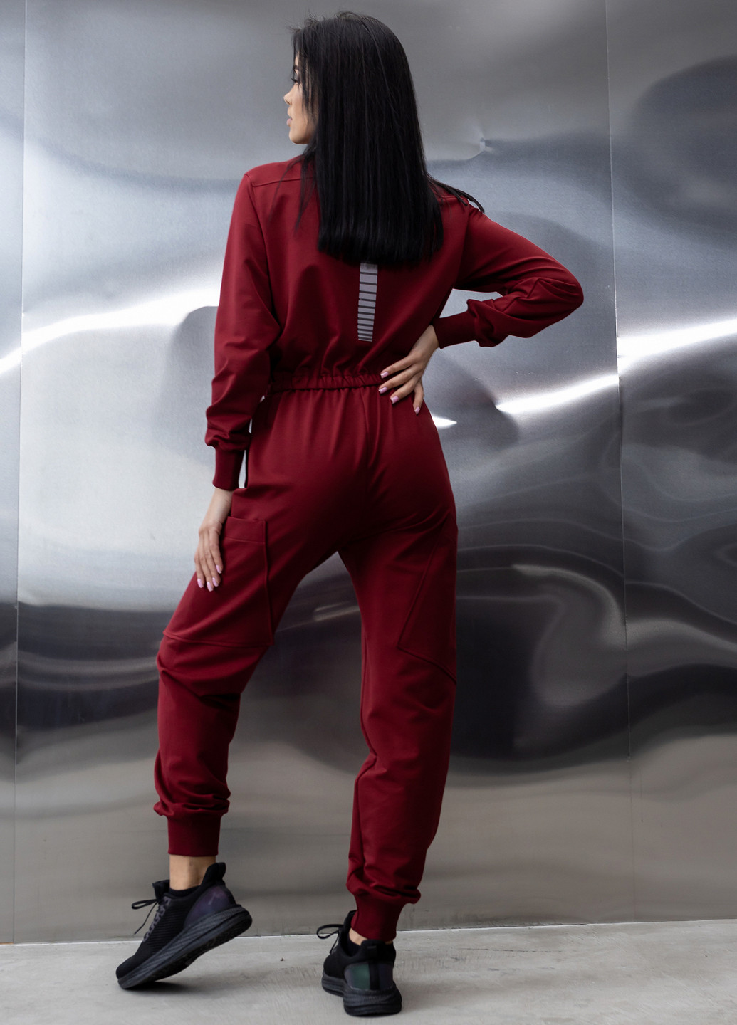 Бавовняний комбінезон з поясом та блискавкою TOTALFIT комбінезон-брюки однотонний бордовий кежуал, спортивний двунитка, бавовна