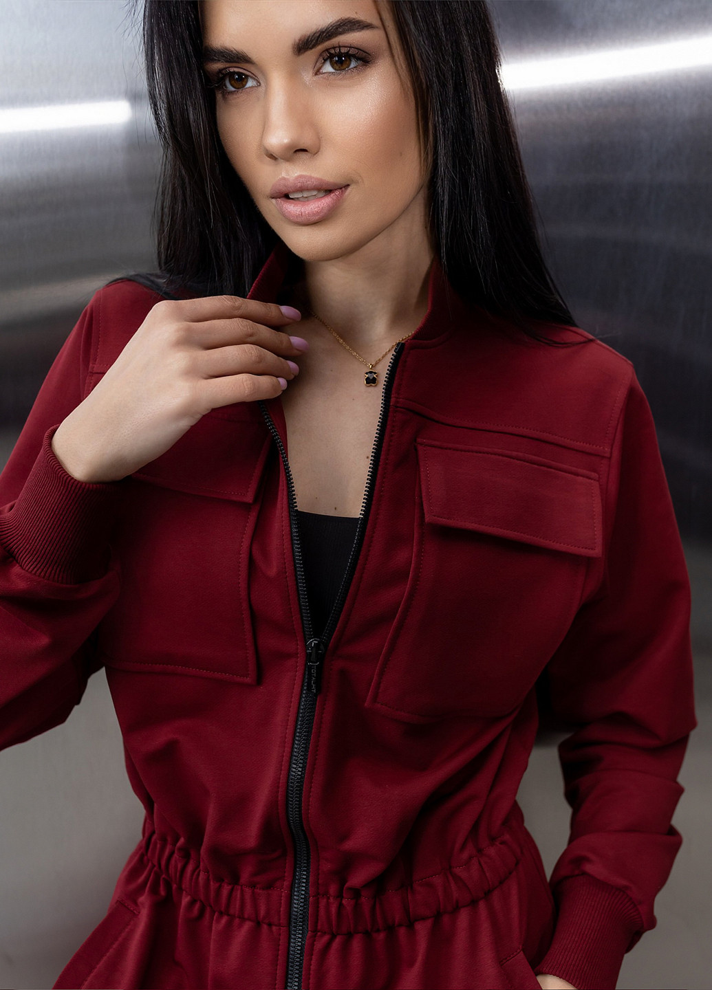 Бавовняний комбінезон з поясом та блискавкою TOTALFIT комбінезон-брюки однотонний бордовий кежуал, спортивний двунитка, бавовна