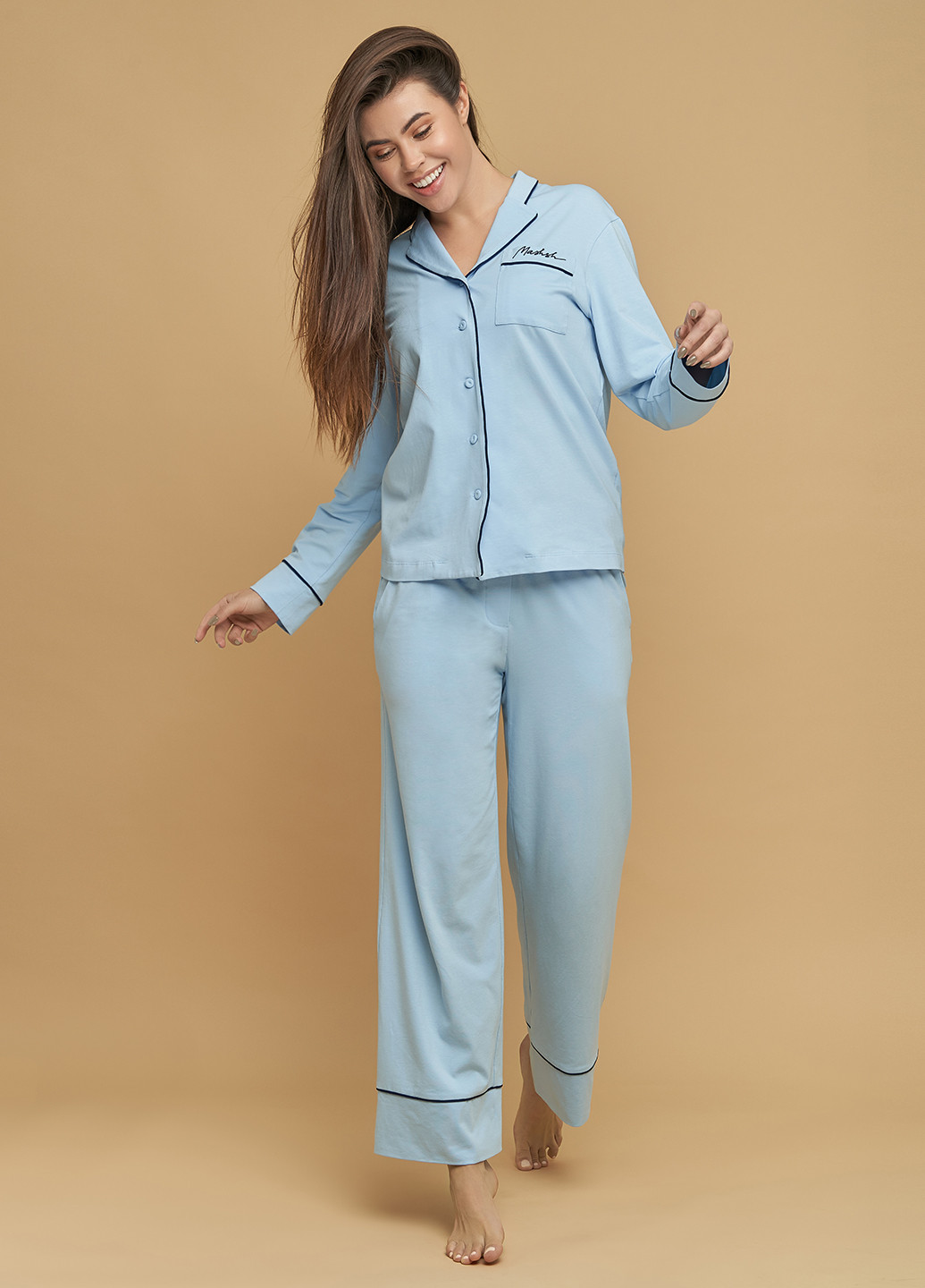 Голубая всесезон пижама (рубашка, брюки) кофта + брюки Mashsh