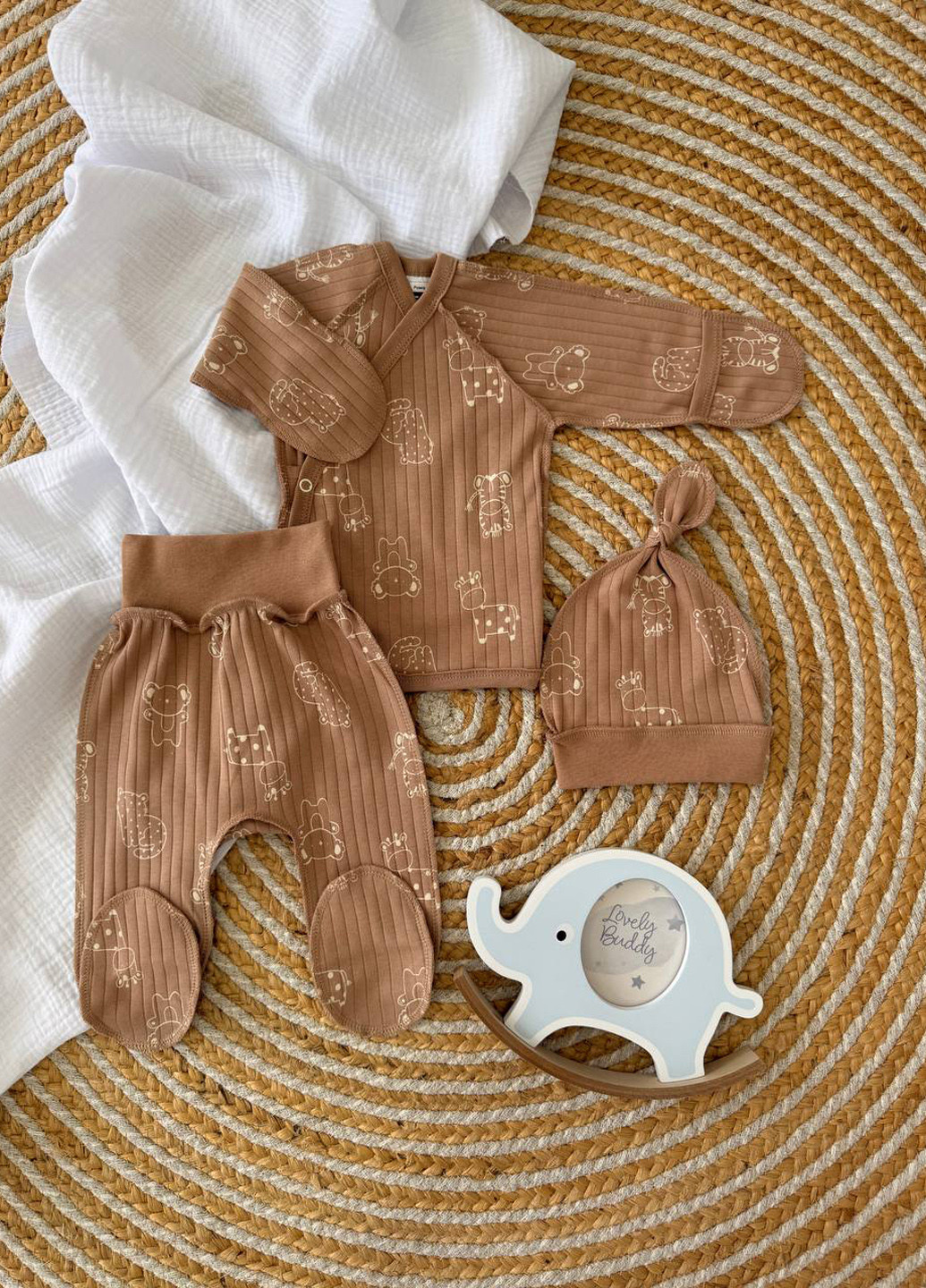 Коричневий демісезонний комплект (сорочечка, повзунки, шапка) Blanka