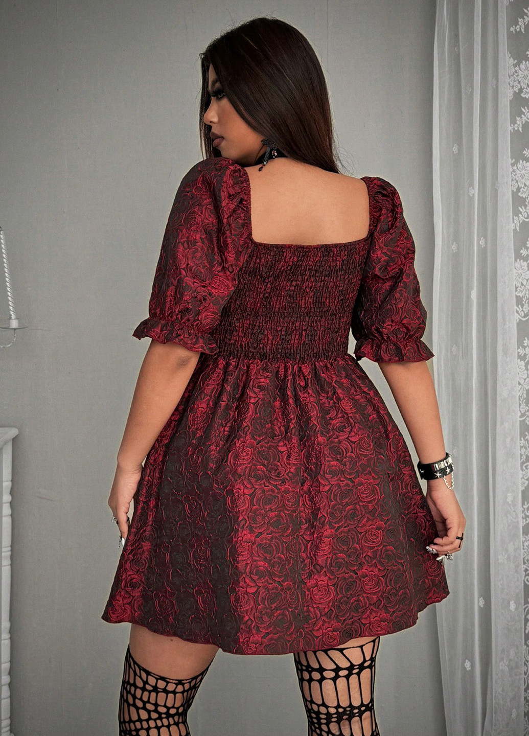 Бордова коктейльна, святковий, вечірня сукня кльош, а-силует, з відкритою спиною SHEIN троянди