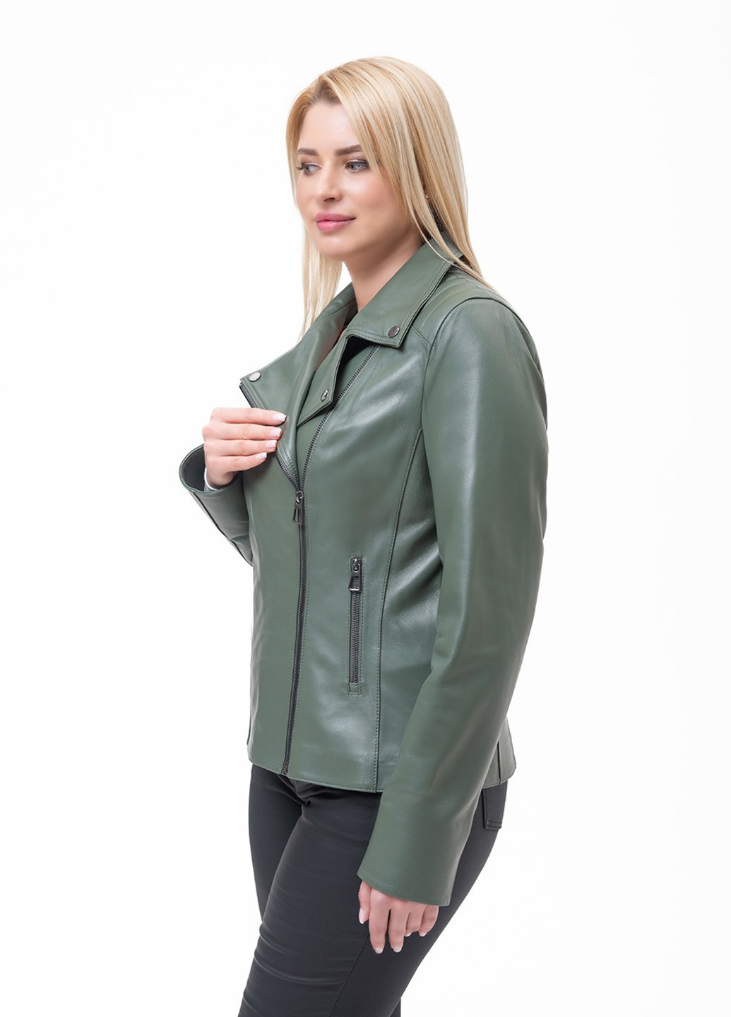 Оливкова (хакі) демісезонна жіноча шкіряна куртка весна косуха Fabio Monti