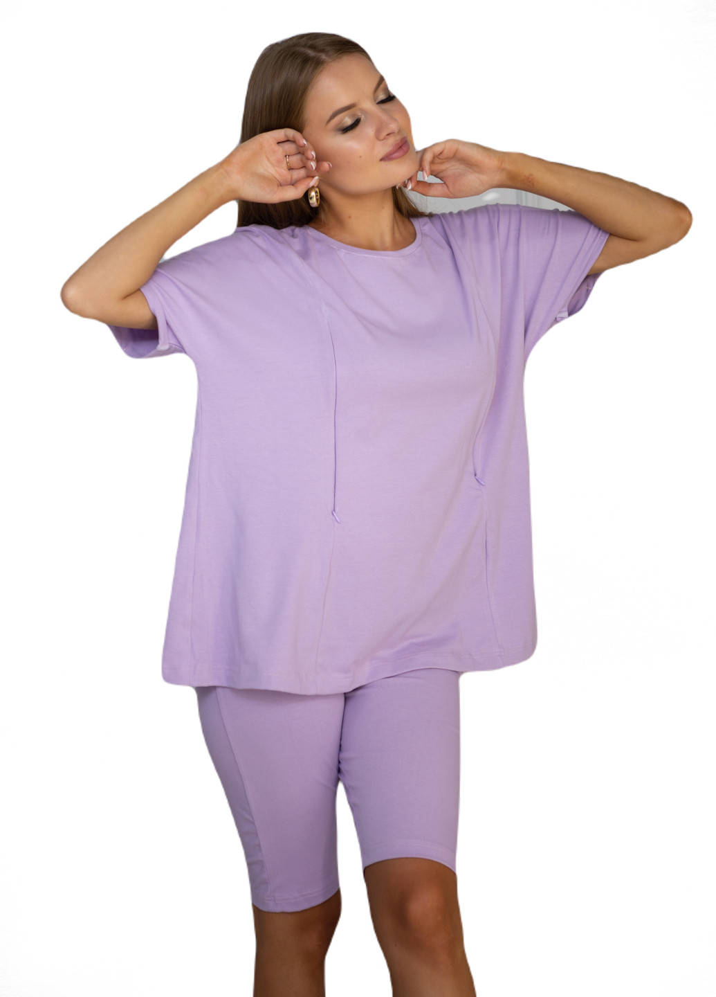 Фиолетовый демисезонный комплект велосипедки и футболка oversize для беременных с секретом для кормления HN