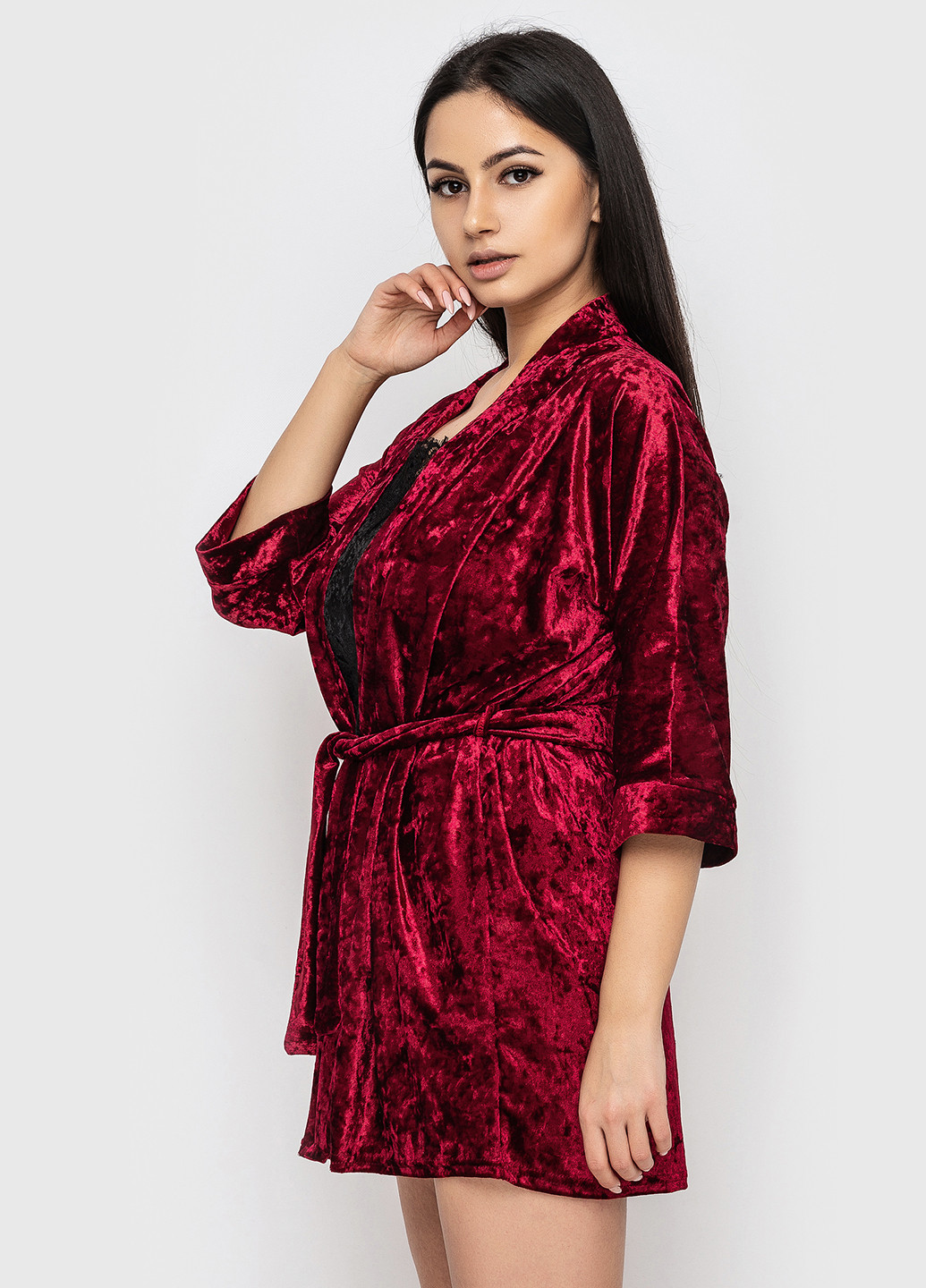 Бордовый демисезонный комплект (топ, шорты, халат) Ghazel