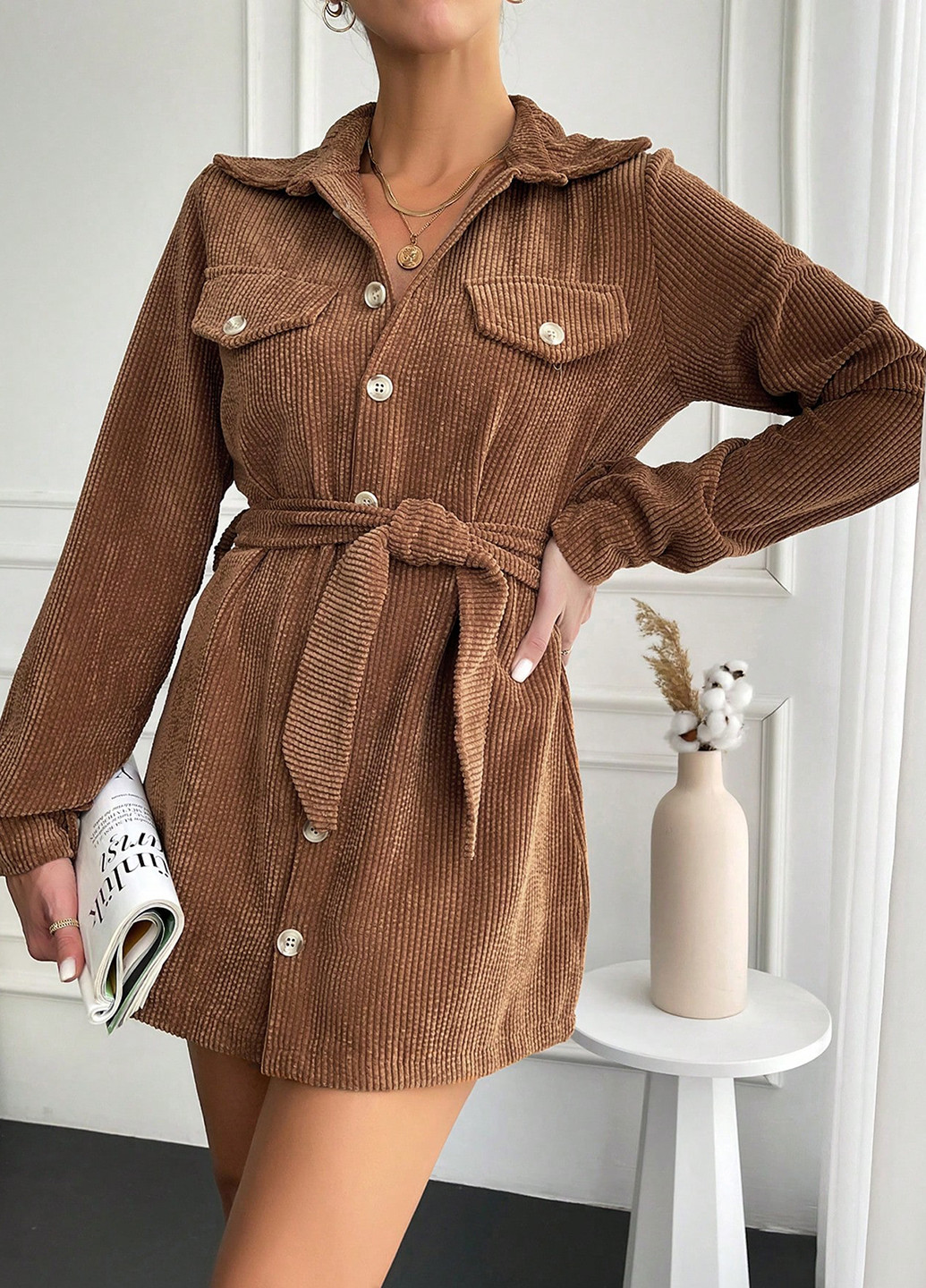 Коричневое кэжуал платье рубашка SHEIN однотонное
