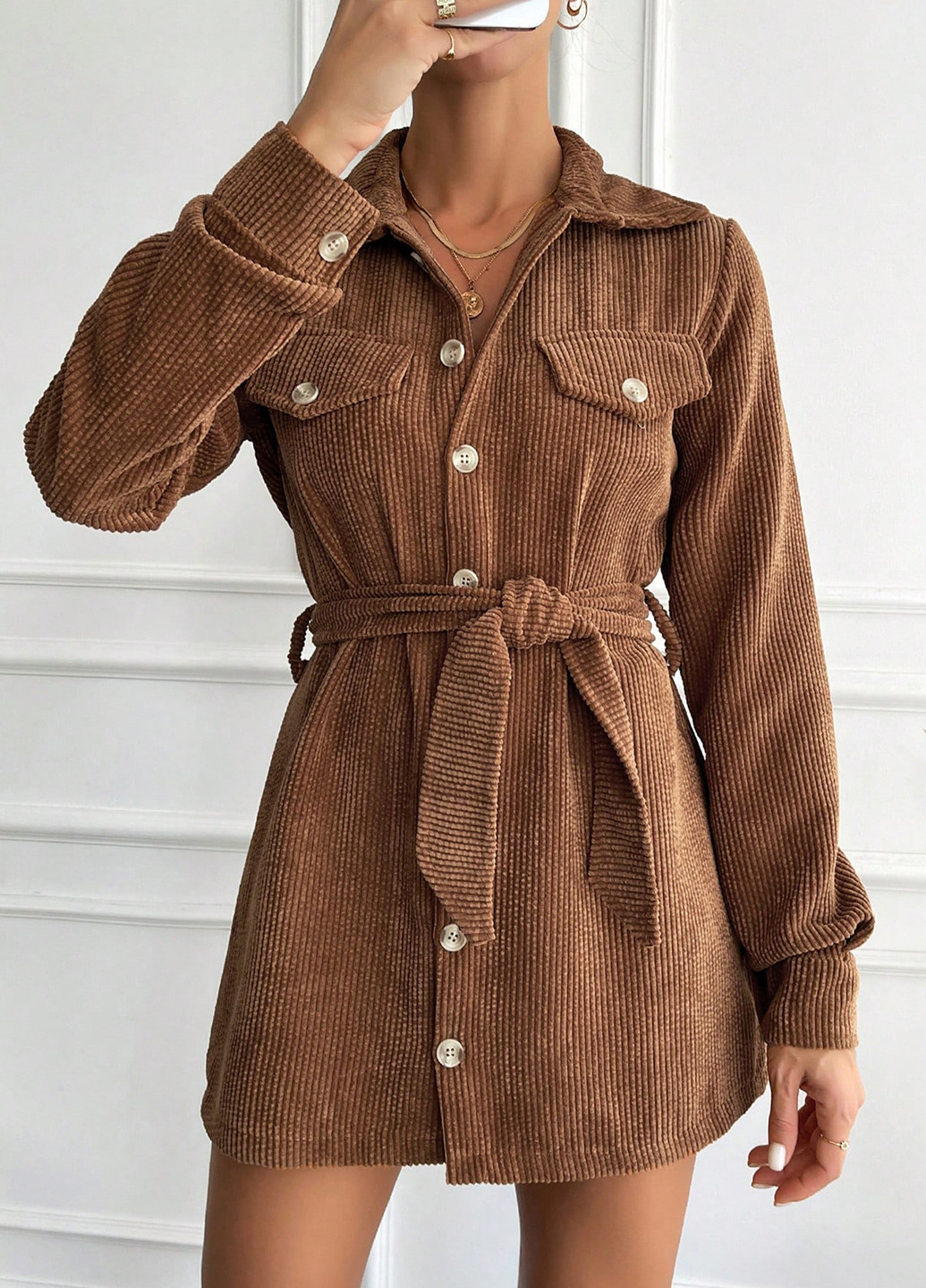 Коричневое кэжуал платье рубашка SHEIN однотонное