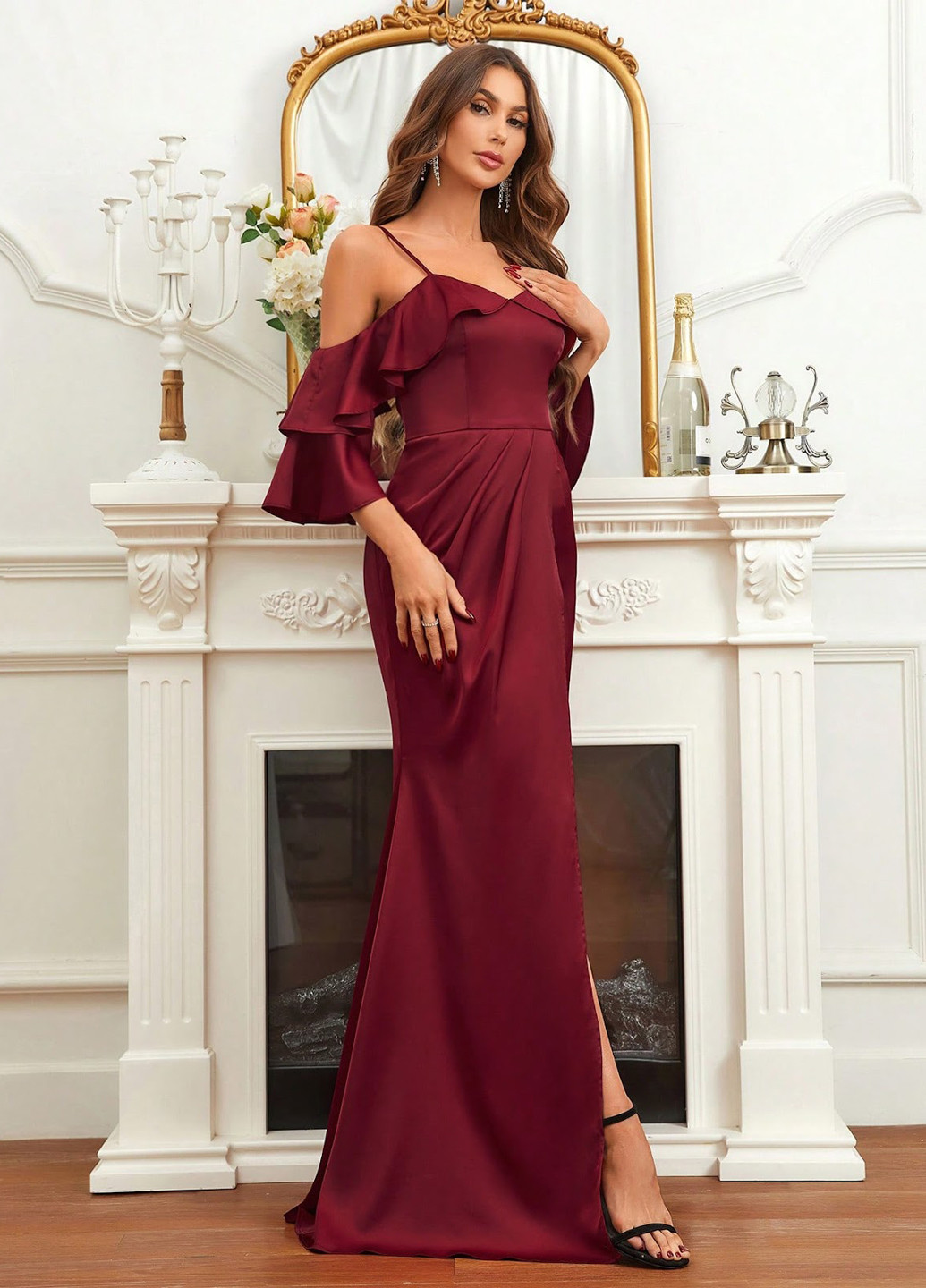 Бордовое праздничный платье с открытыми плечами SHEIN однотонное