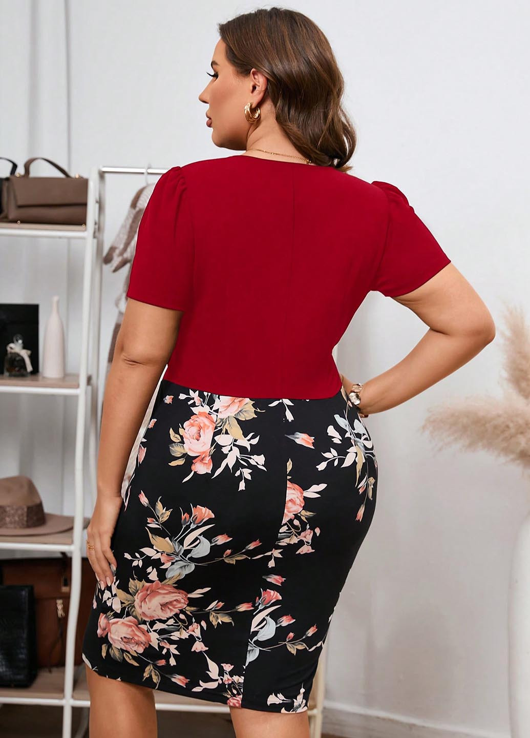 Комбинированное праздничный, кэжуал платье футляр SHEIN с цветочным принтом