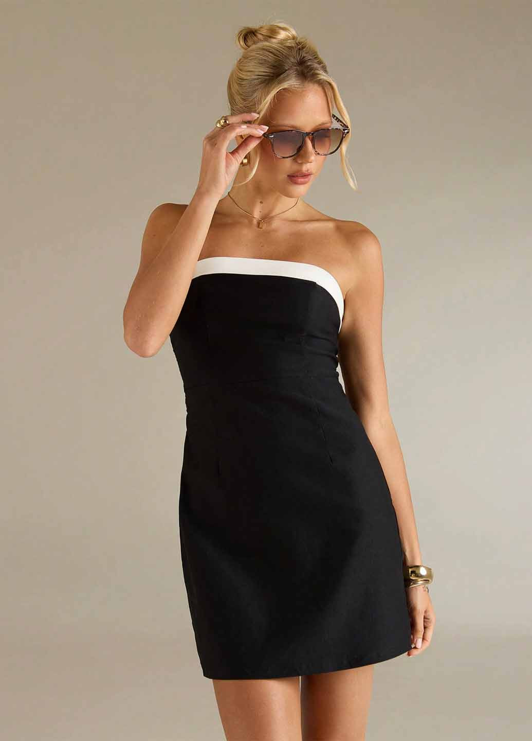 Черно-белое коктейльное, вечернее платье бандо SHEIN колор блок