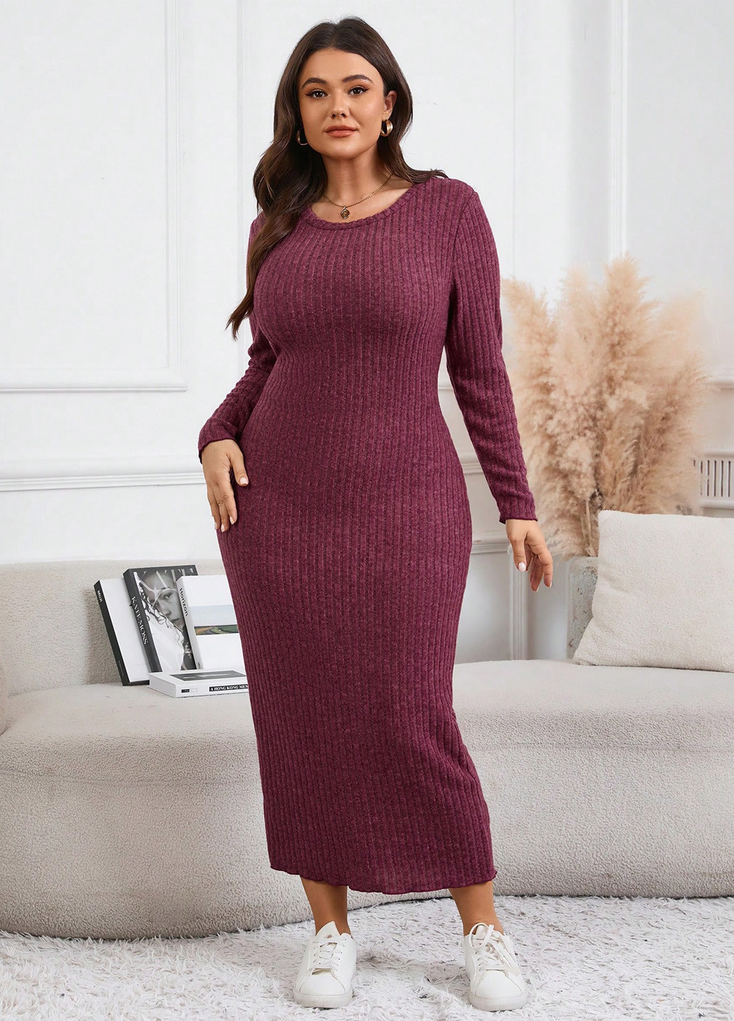 Бордовое кэжуал платье платье-свитер SHEIN однотонное