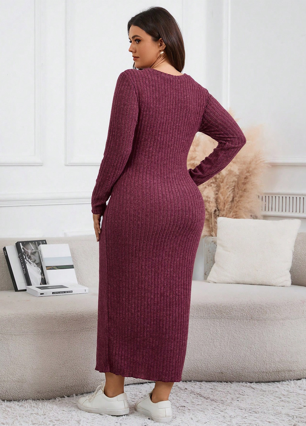 Бордовое кэжуал платье платье-свитер SHEIN однотонное
