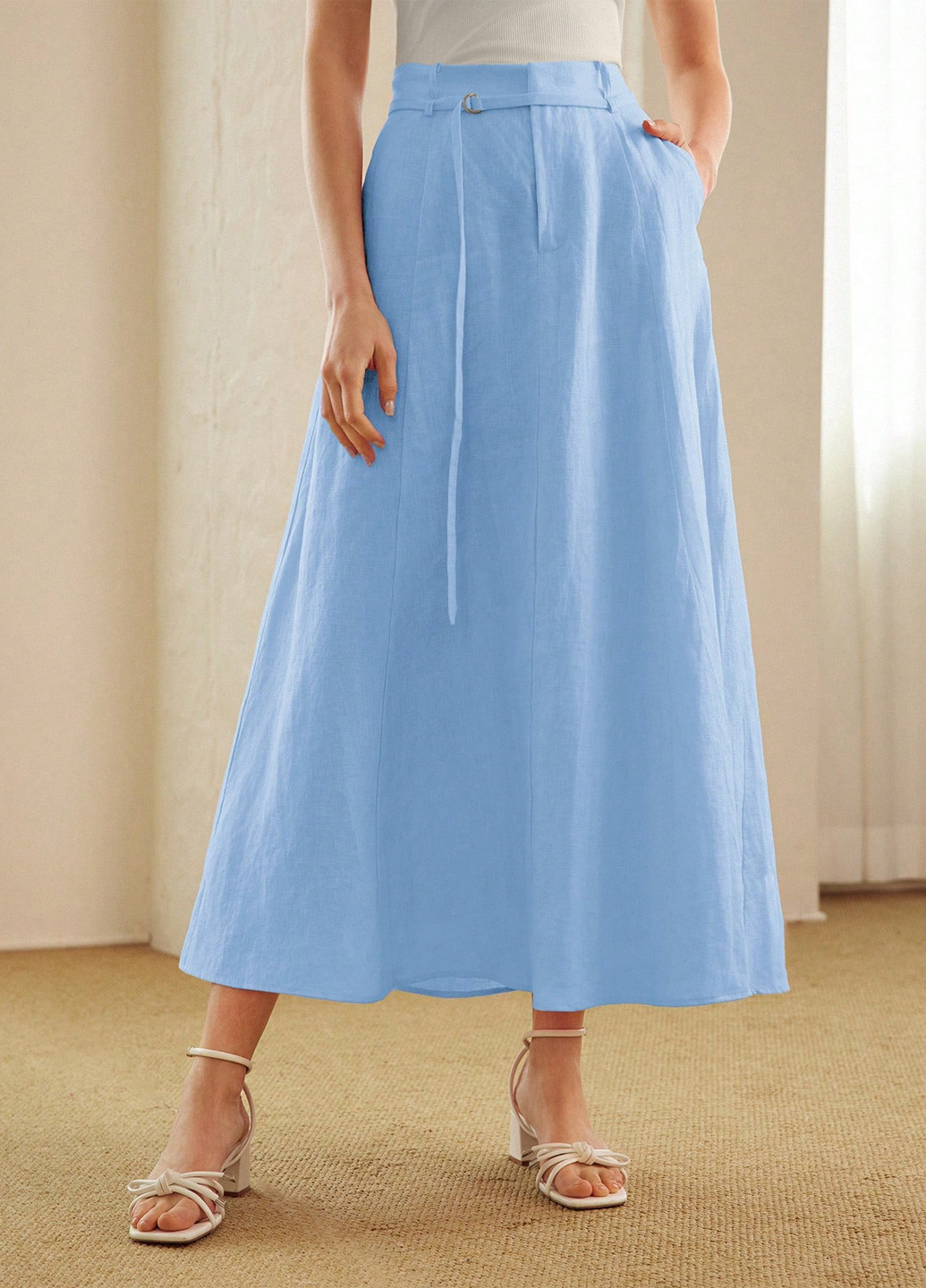 Светло-голубая кэжуал однотонная юбка SHEIN а-силуэта (трапеция)