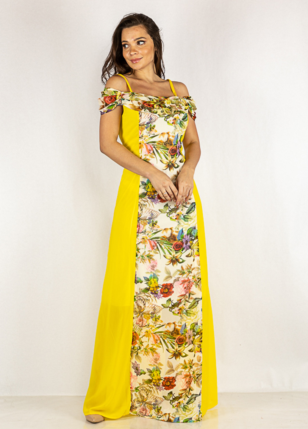 Желтое кэжуал платье с открытыми плечами Time of Style с цветочным принтом