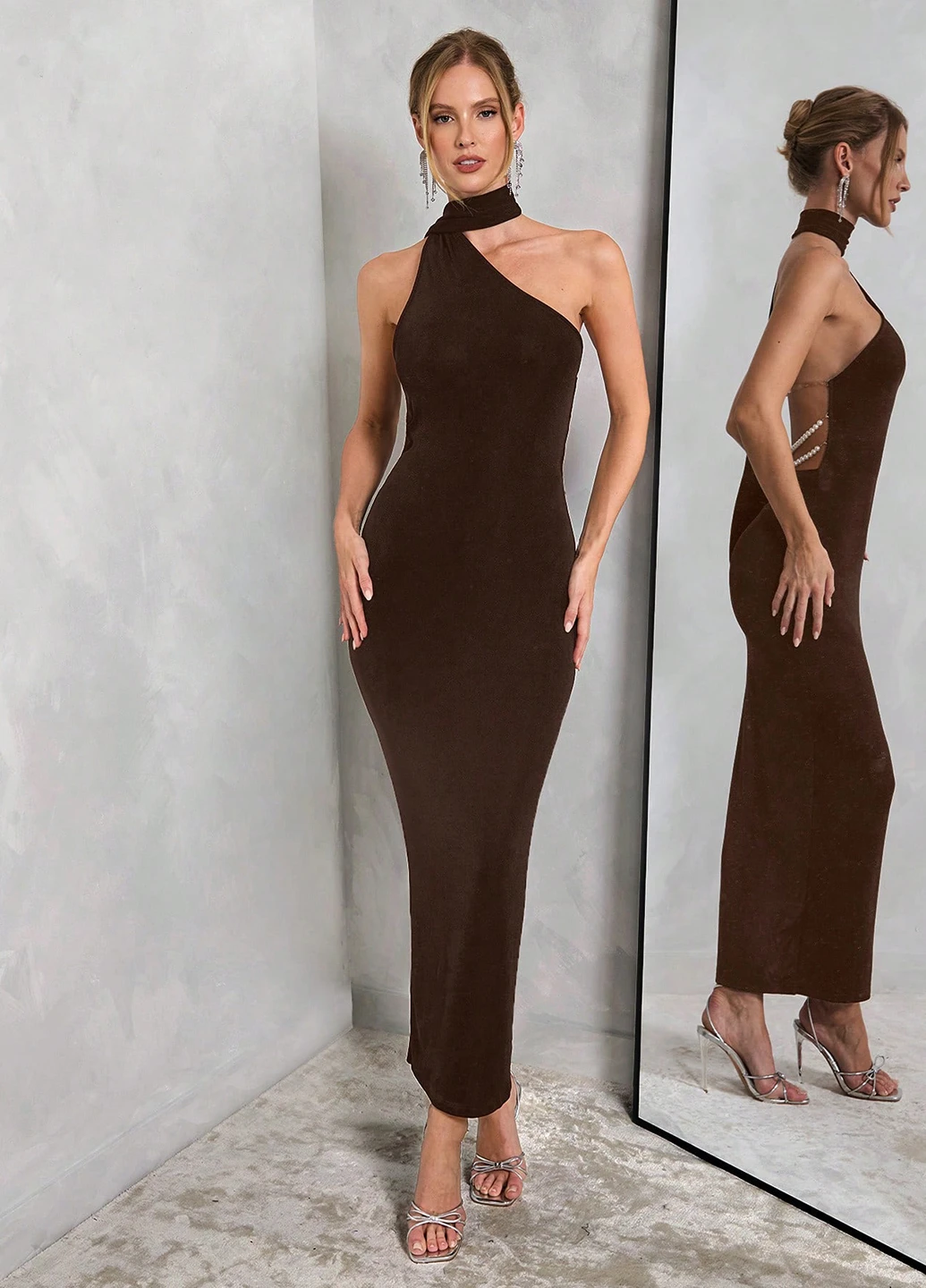 Коричневое вечернее платье на одно плечо, футляр SHEIN однотонное