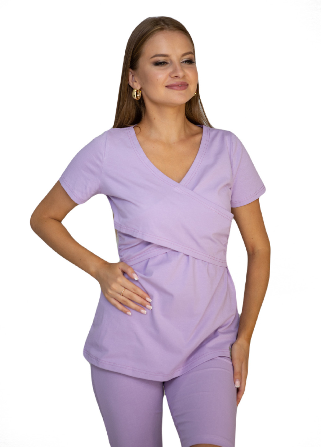 Фиолетовый демисезонный комплект велосипедки и футболка для беременных с секретом для кормления HN