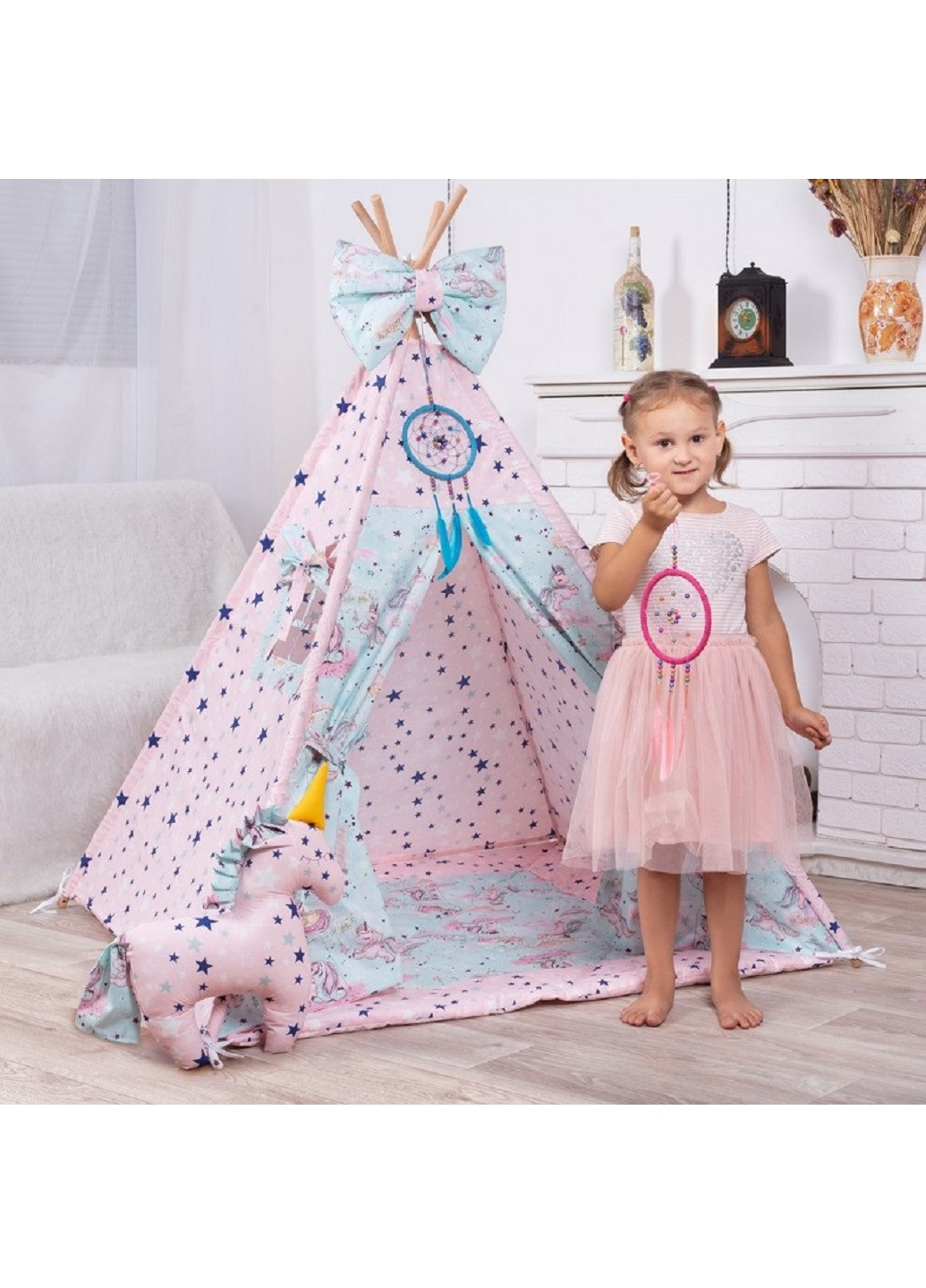 Дитячий ігровий намет вігвам будиночок для дітей з килимком та подушками 115х115 см (22548-Нов) Рожевий Francesco Marconi (252535043)