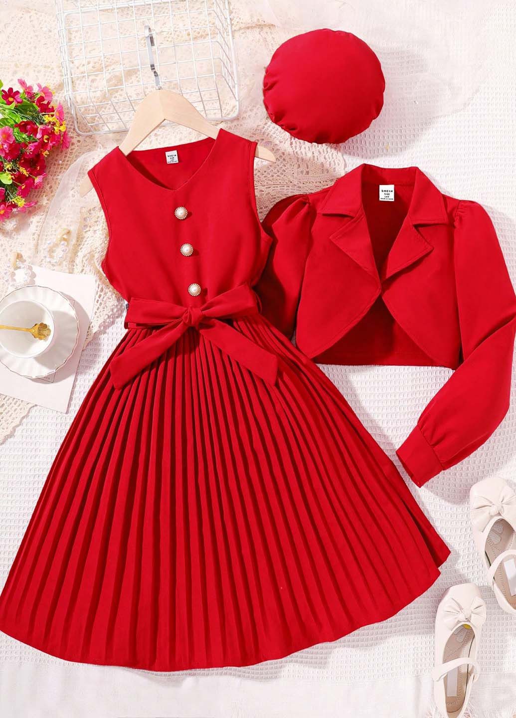 Красный демисезонный костюм (платье, жакет) тройка, с платьем SHEIN