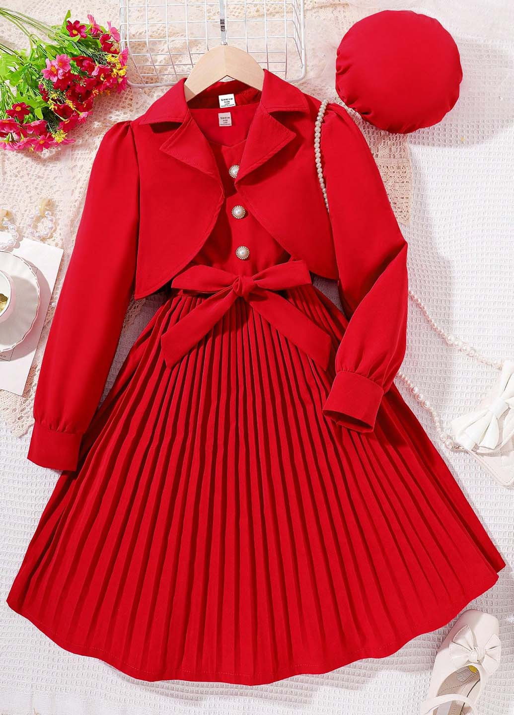 Красный демисезонный костюм (платье, жакет) тройка, с платьем SHEIN