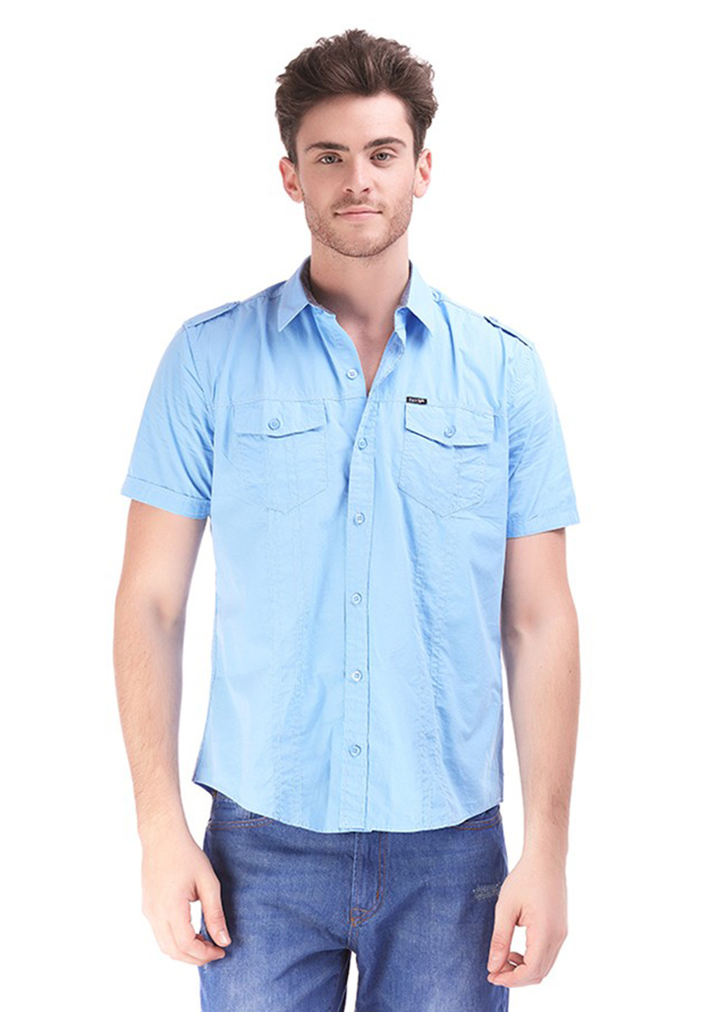 Голубой кэжуал рубашка однотонная Яavin с коротким рукавом