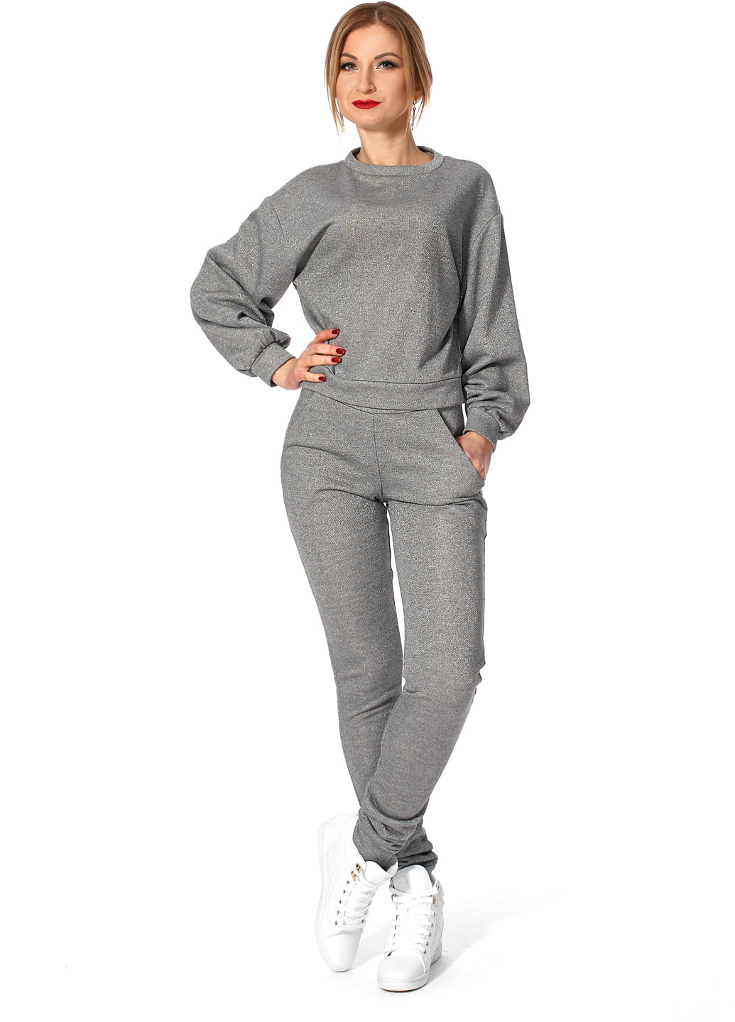 Костюм (свитшот, брюки) SL-Fashion меланж серый спортивный полиэстер