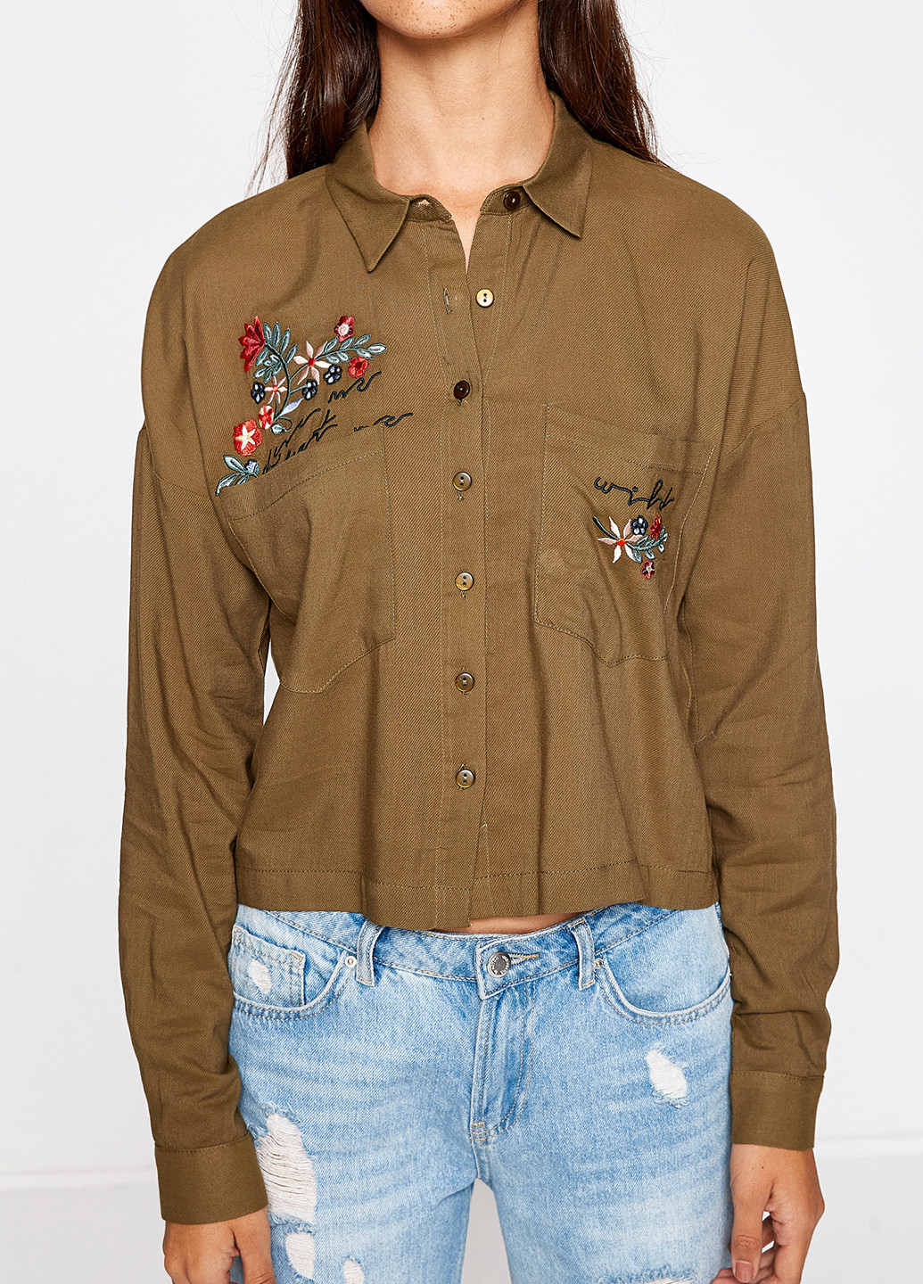 Оливковковая (хаки) кэжуал рубашка с цветами KOTON