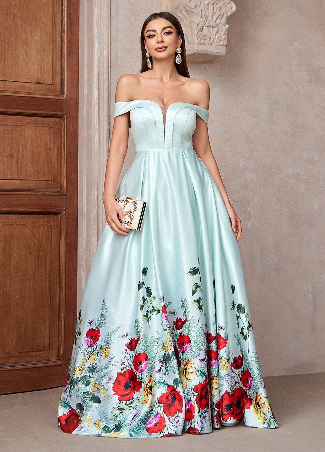 Серо-голубое праздничный, вечернее платье с открытыми плечами SHEIN с цветочным принтом