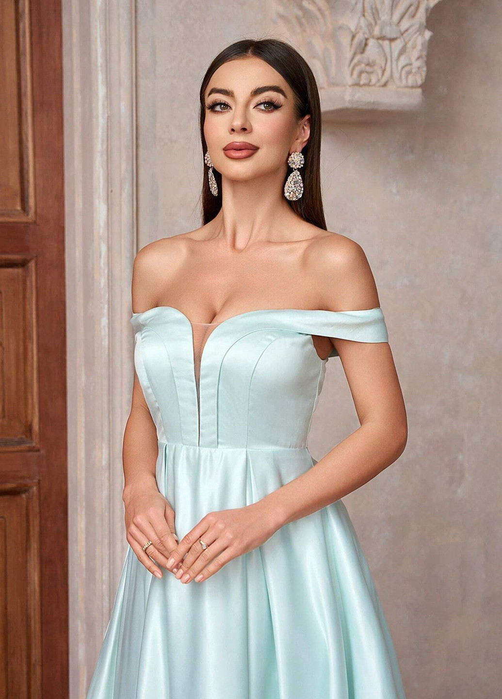 Серо-голубое праздничный, вечернее платье с открытыми плечами SHEIN с цветочным принтом