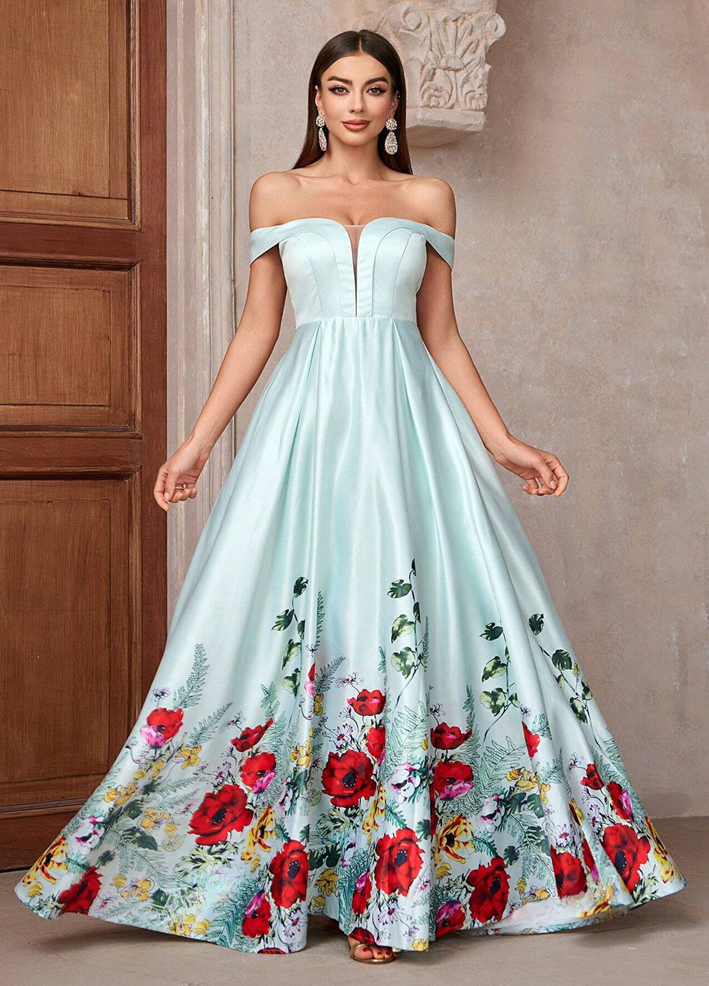 Серо-голубое праздничный, вечернее платье с открытыми плечами SHEIN с цветочным принтом