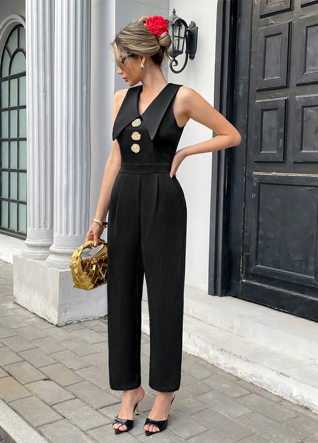 Комбінезон SHEIN комбінезон-брюки однотонний чорний вечірній, кежуал поліестер