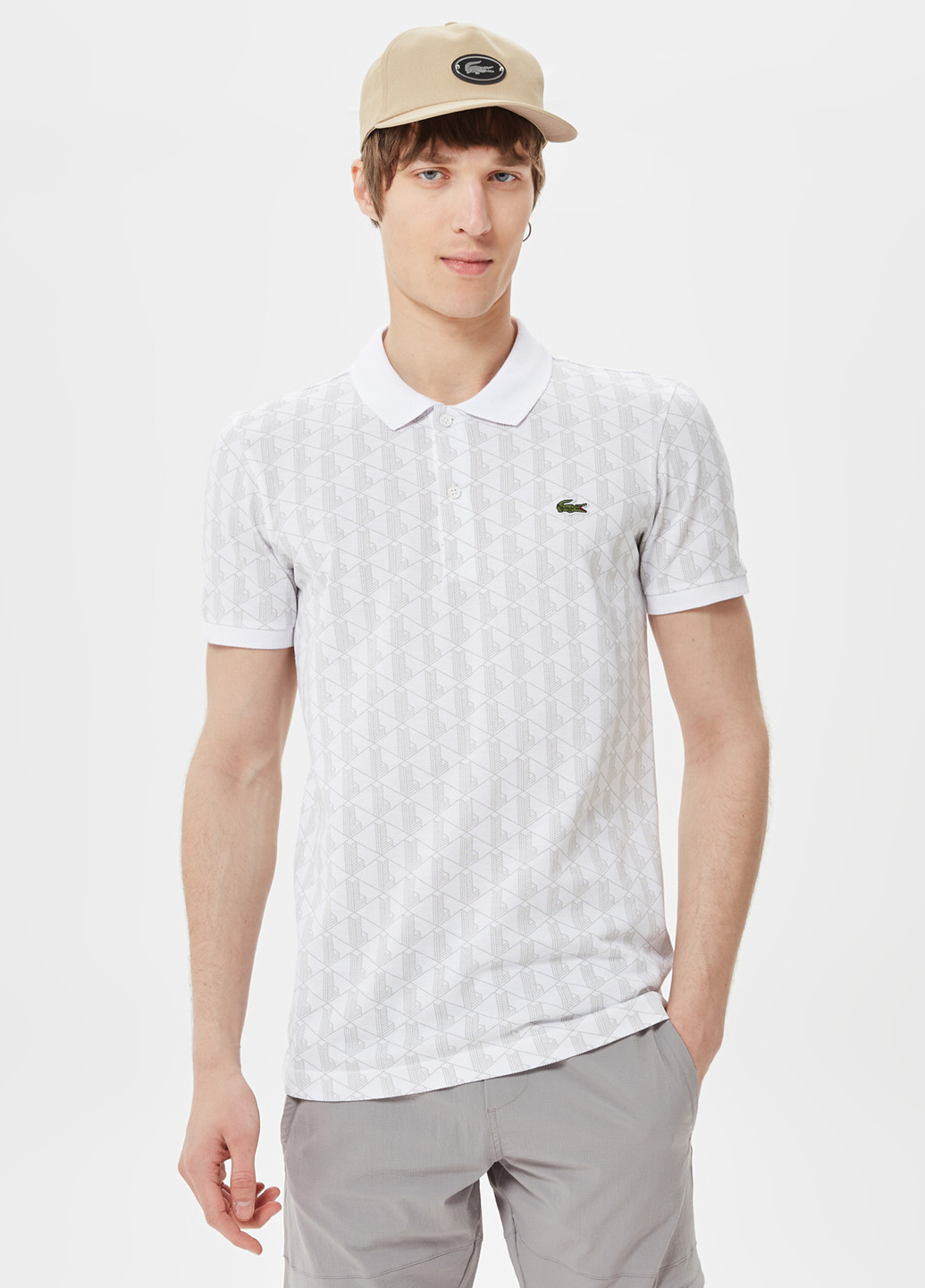 Белая футболка-поло для мужчин Lacoste с геометрическим узором
