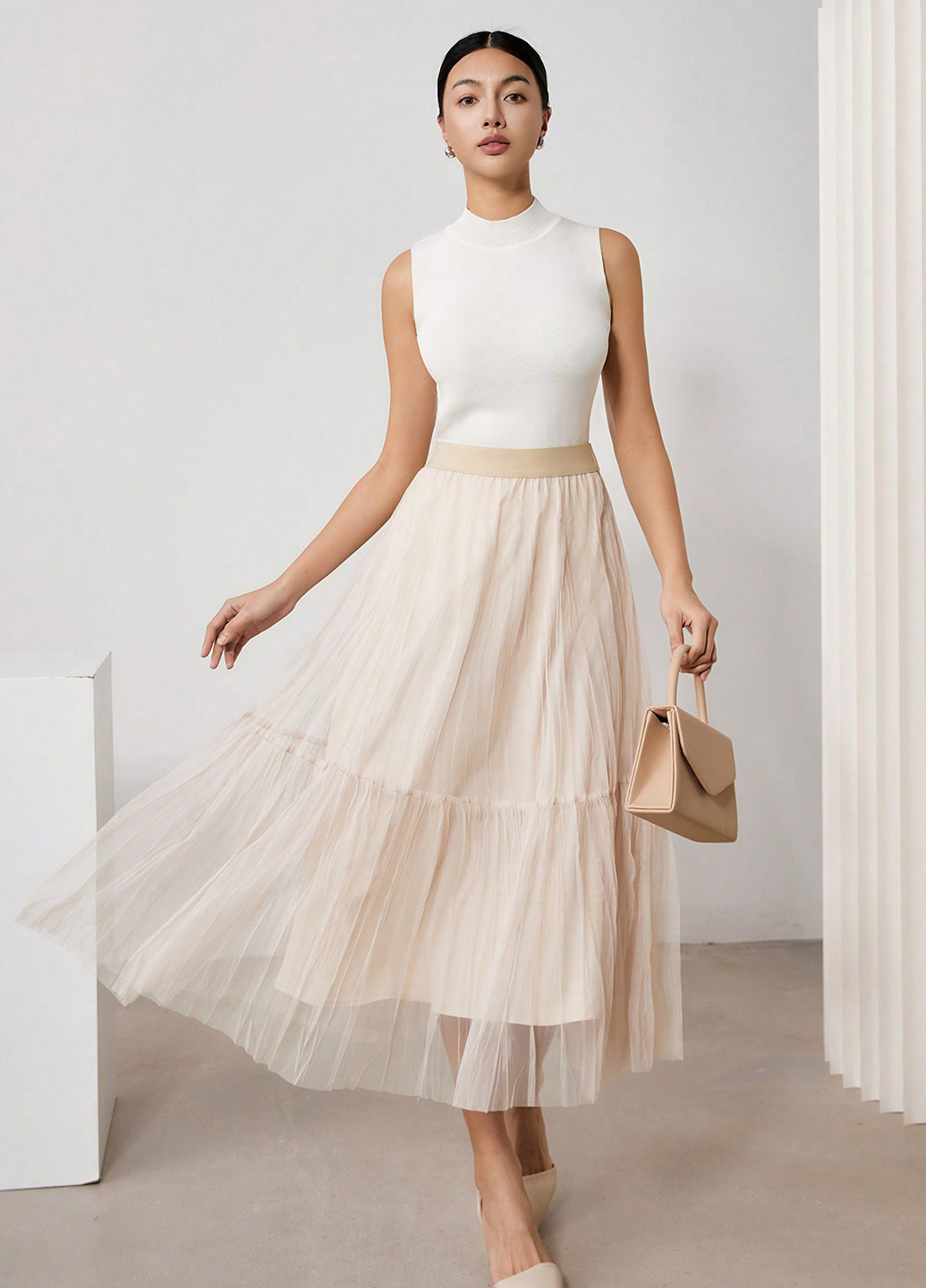 Бежевая кэжуал однотонная юбка SHEIN а-силуэта (трапеция)