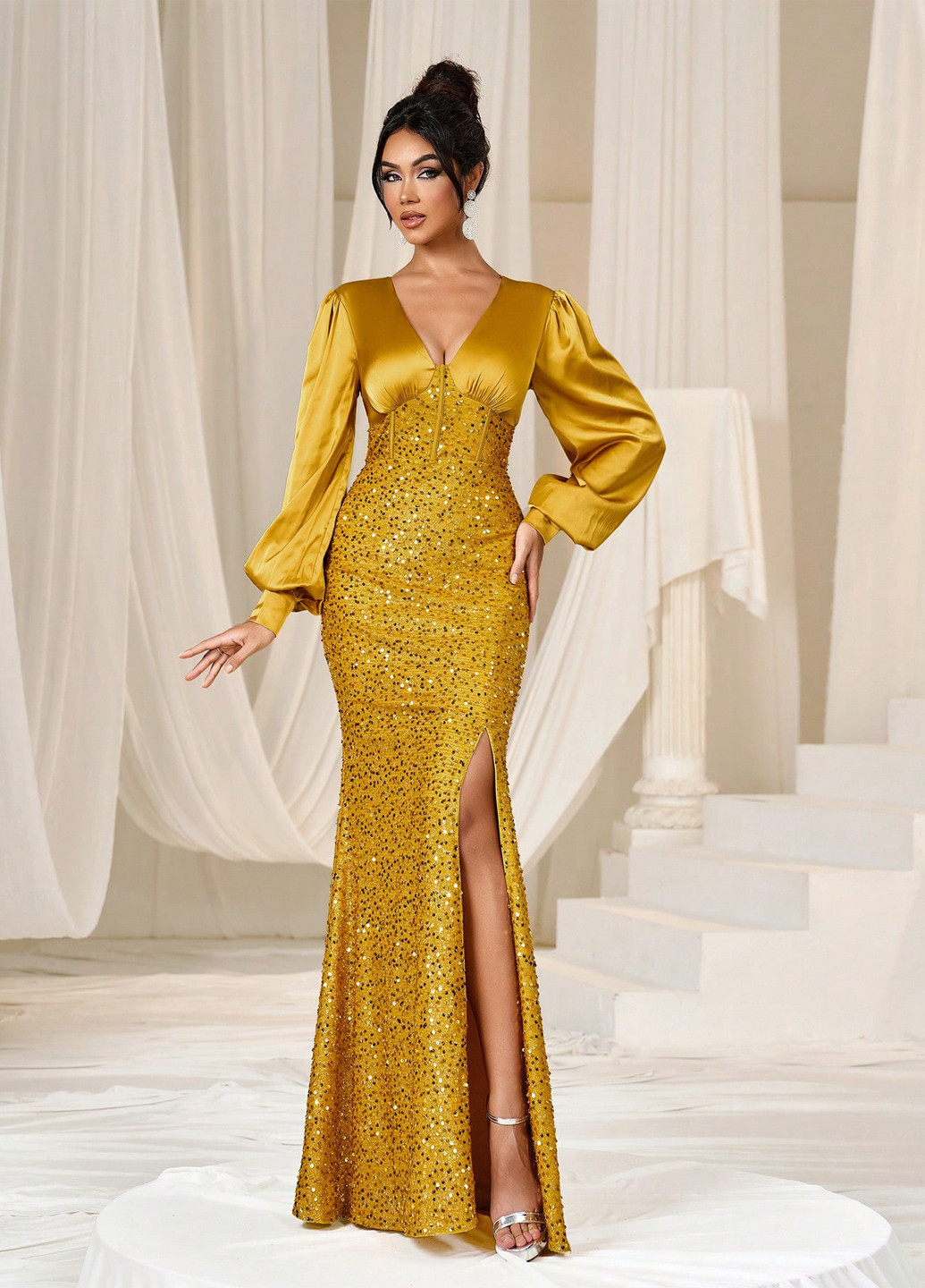 Золотой вечернее платье силуэтная, с корсетом SHEIN однотонное