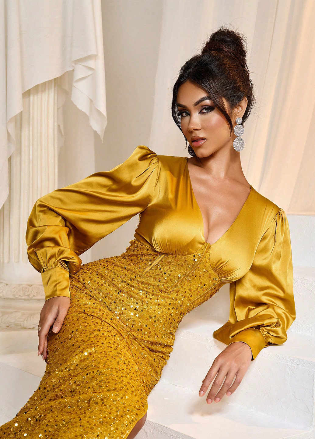 Золотой вечернее платье силуэтная, с корсетом SHEIN однотонное