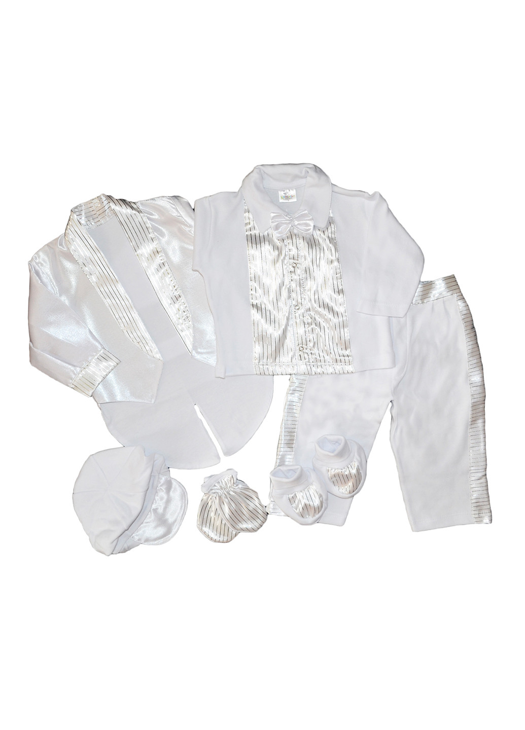 Белый демисезонный комплект (жилет, рубашка, брюки, шапочка, царапки, пинетки) Kardesler