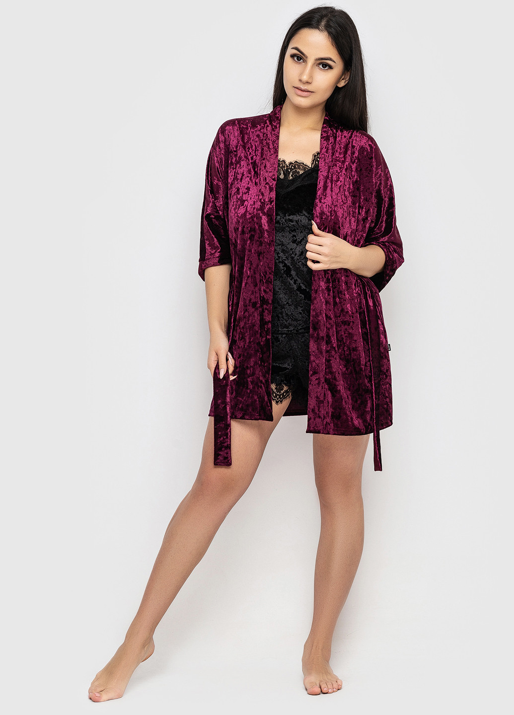 Фіолетовий демісезонний комплект (топ, шорти, халат) Ghazel