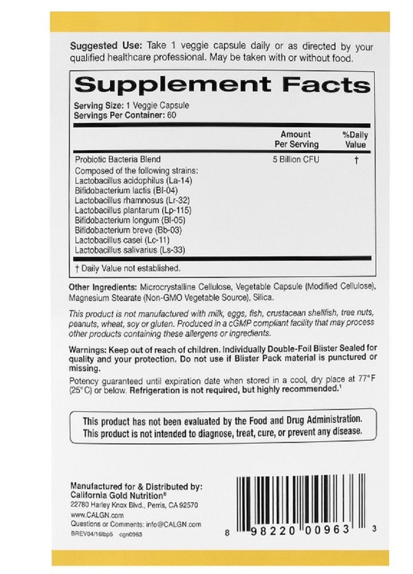 Пробиотики LactoBif, Probiotics,, 5 млрд КОЕ, 60 овощных капсул California Gold Nutrition (225714663)