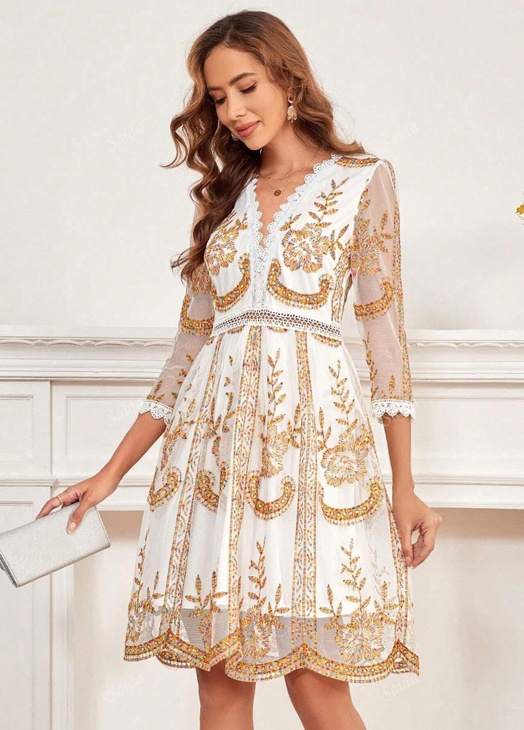 Комбінована коктейльна сукня кльош, на запах SHEIN з квітковим принтом
