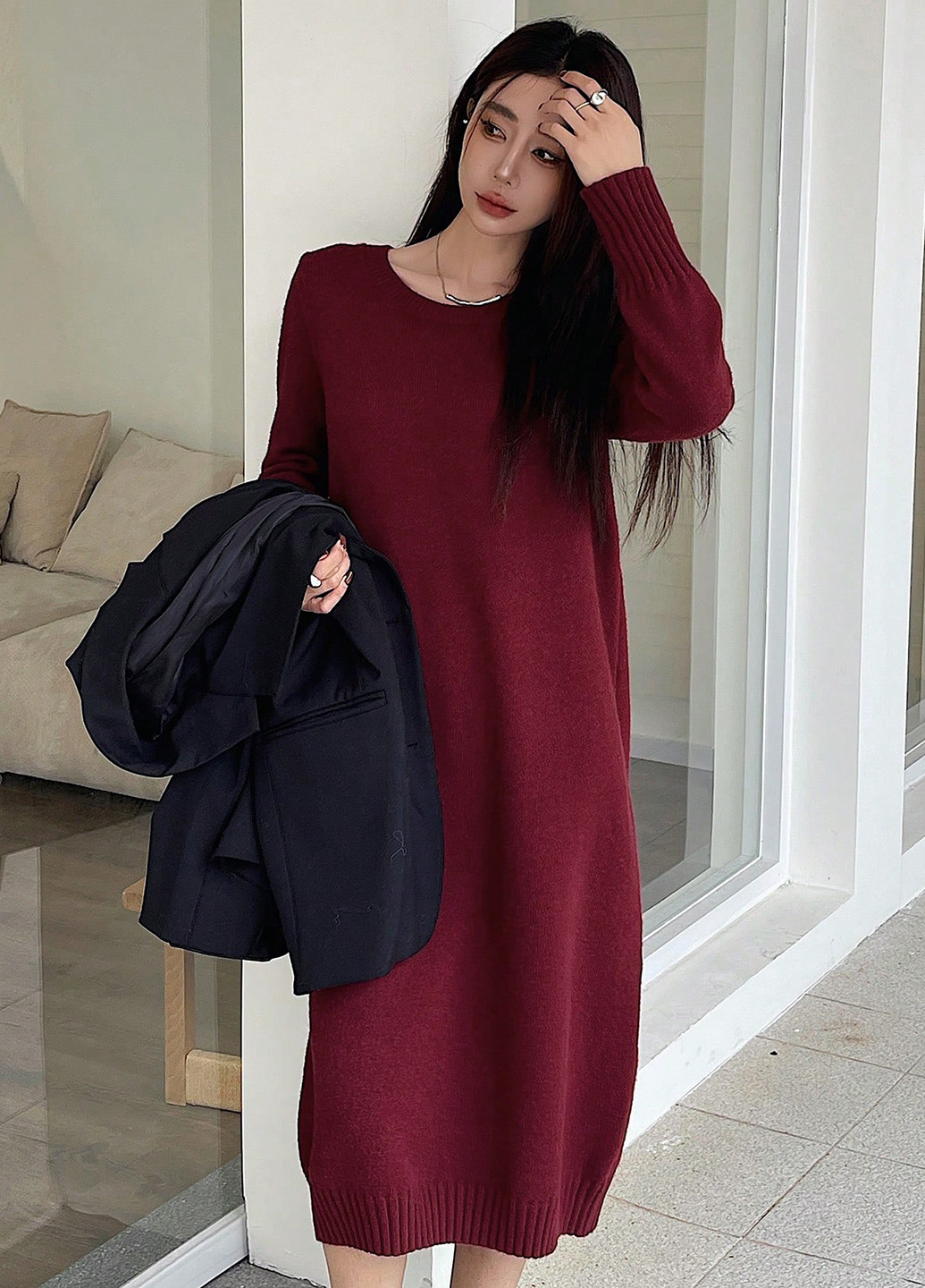 Бордовое праздничный, кэжуал платье а-силуэт, платье-свитер SHEIN однотонное
