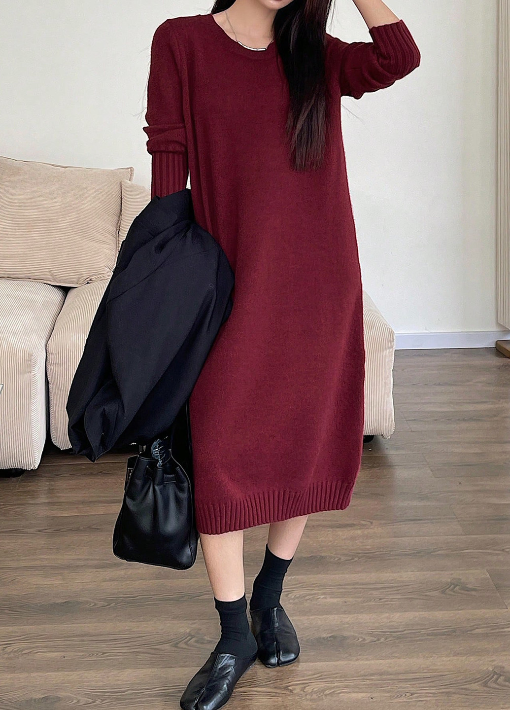 Бордовое праздничный, кэжуал платье а-силуэт, платье-свитер SHEIN однотонное