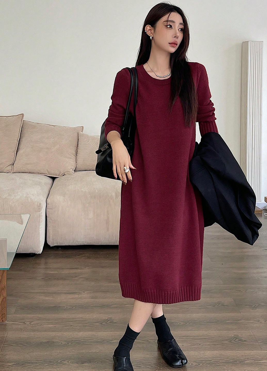 Бордовое праздничный, кэжуал платье а-силуэт, платье-свитер SHEIN однотонное