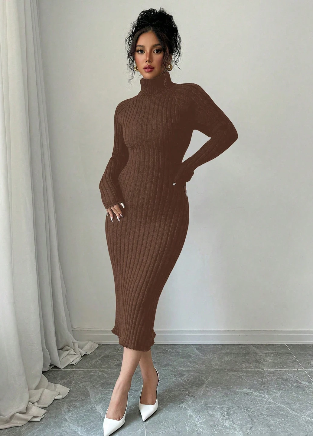 Коричневое кэжуал платье платье-свитер SHEIN однотонное
