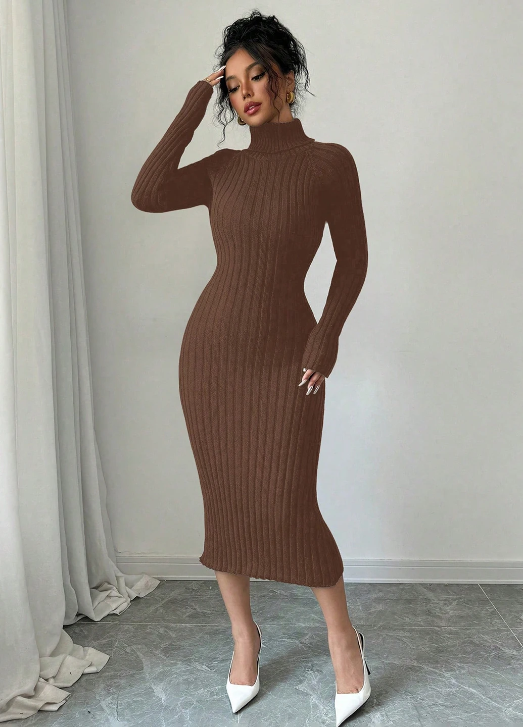 Коричневое кэжуал платье платье-свитер SHEIN однотонное