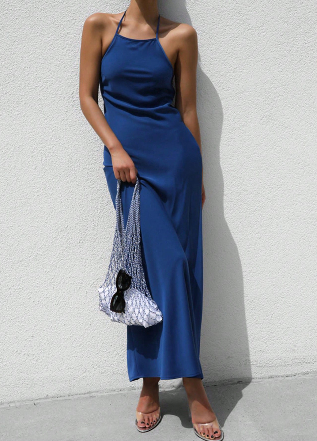 Синя кежуал сукня з відкритими плечима SHEIN однотонна